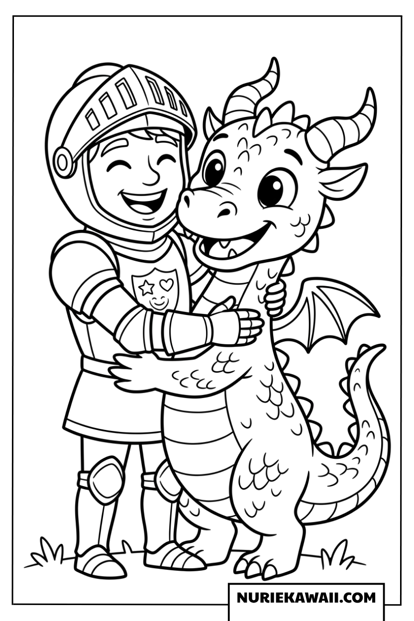 小さな騎士と幸せそうな赤ちゃんドラゴンのハグの塗り絵