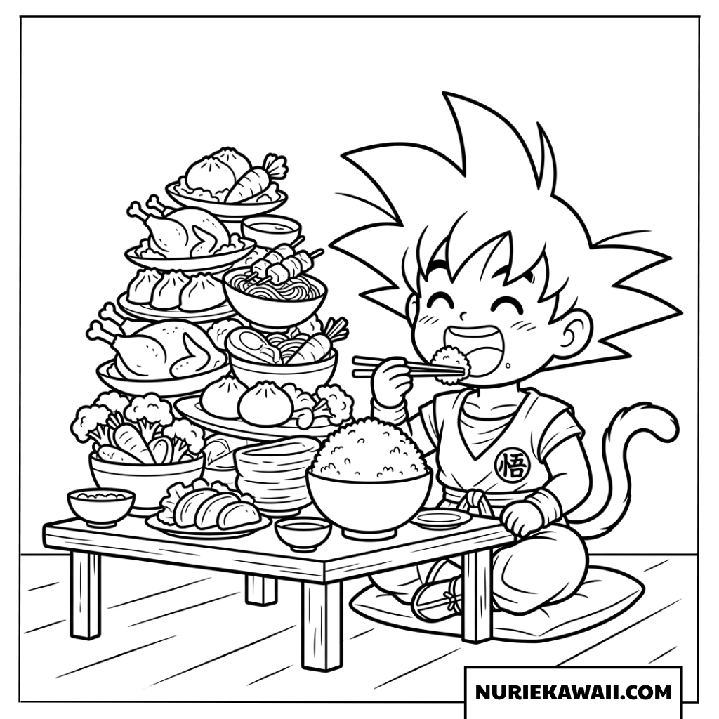 山のように積まれたたくさんの料理を美味しく食べる悟空の 塗り絵