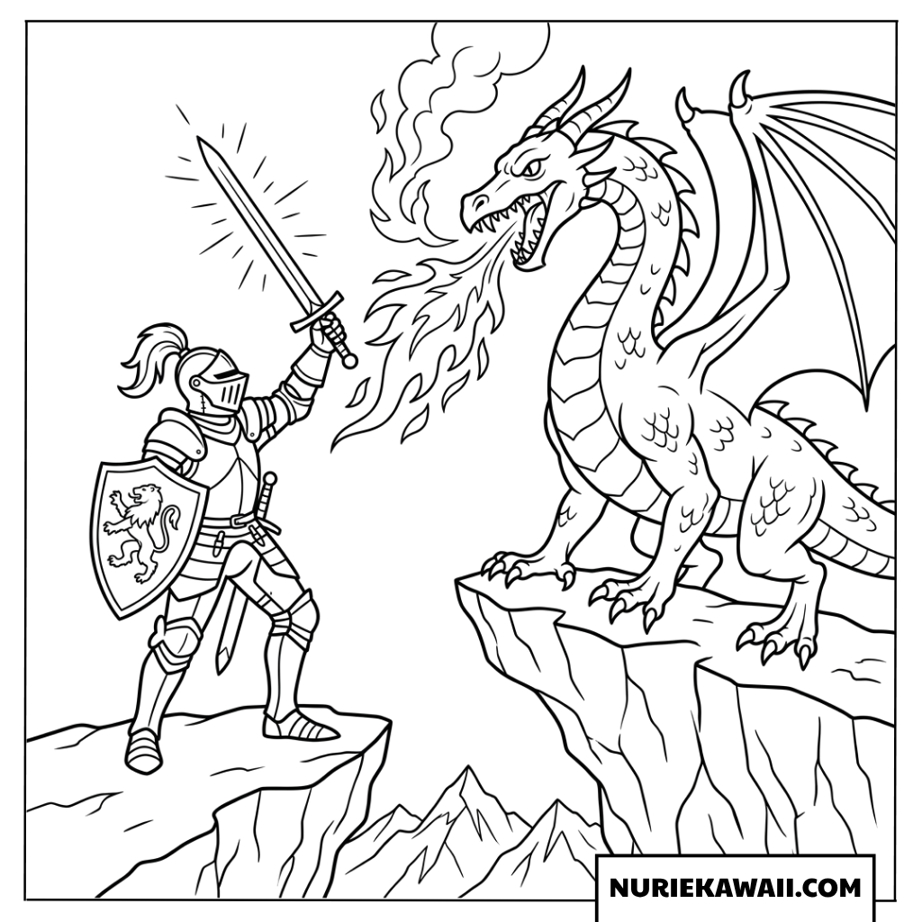 山頂で戦う勇敢な騎士とドラゴンの塗り絵