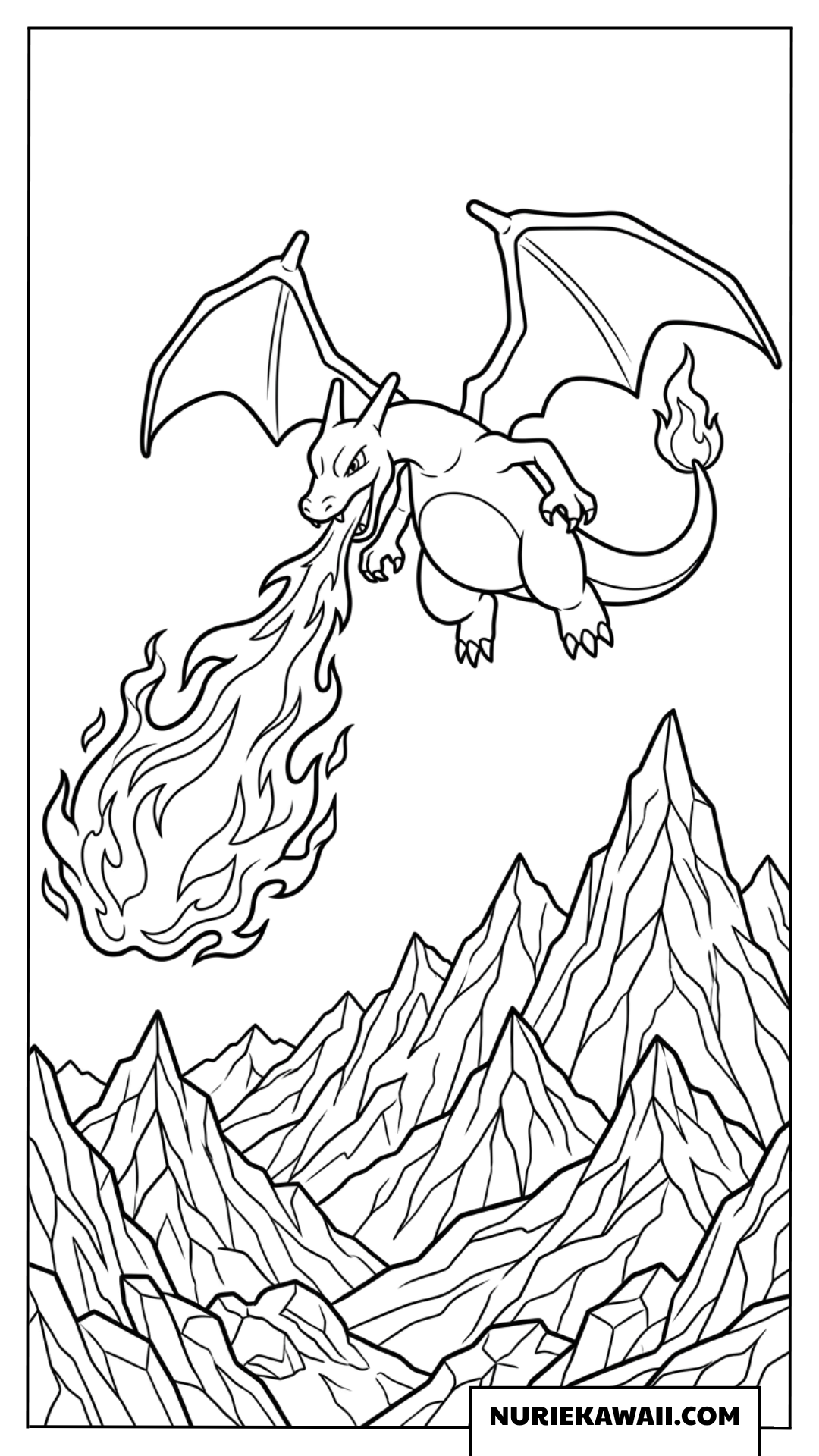 山頂で炎を吐くリザードンの塗り絵