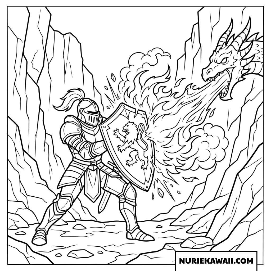 峡谷でドラゴンの炎を盾で防ぐ騎士の塗り絵