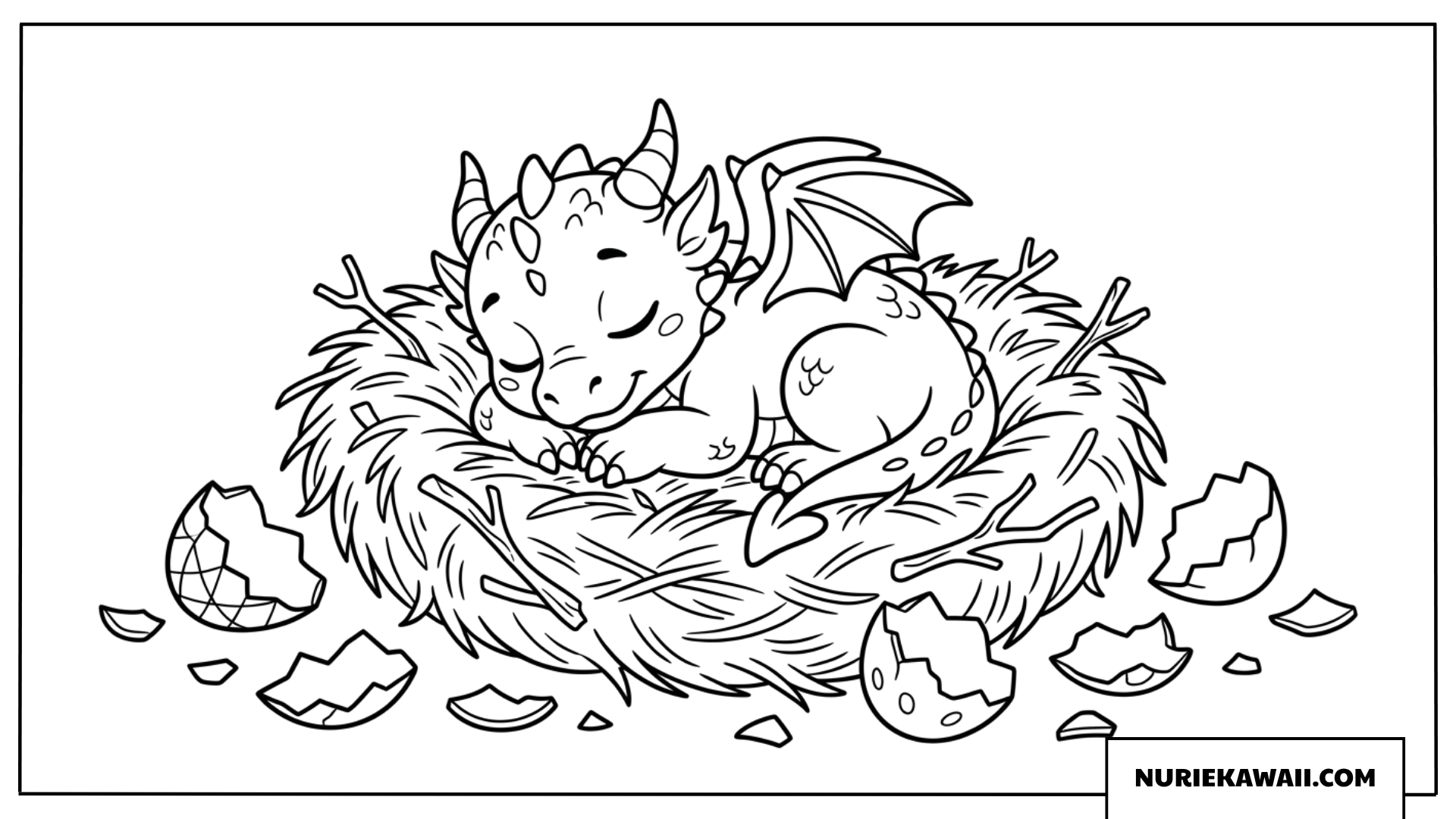 巣の中で眠る可愛いベビードラゴン塗り絵