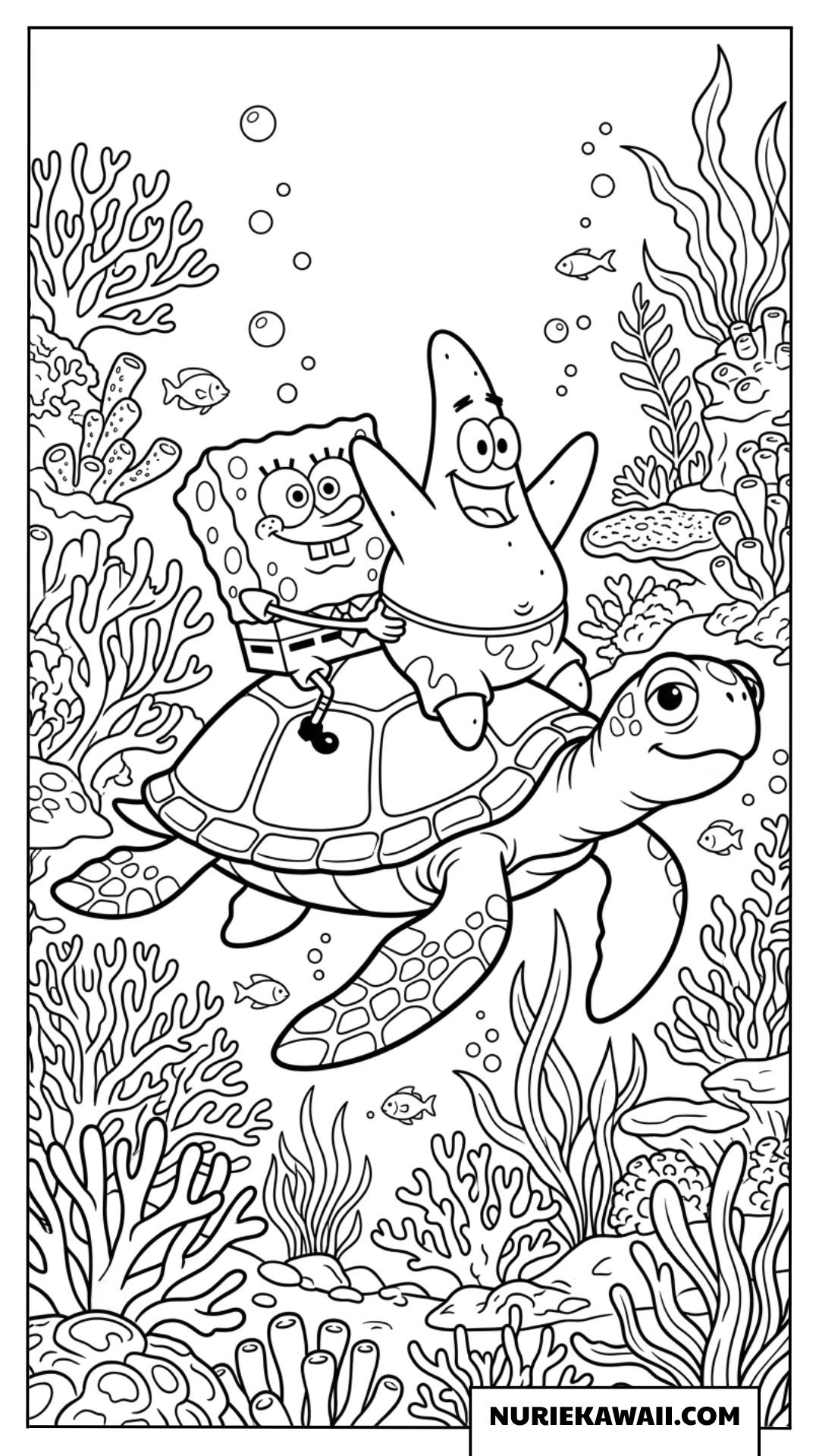 巨大なウミガメの背中に乗って海底を泳ぐスポンジボブとパトリックの塗り絵