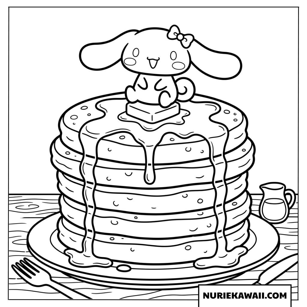 巨大なパンケーキタワーのてっぺんにちょこんと座るシナモロールの塗り絵