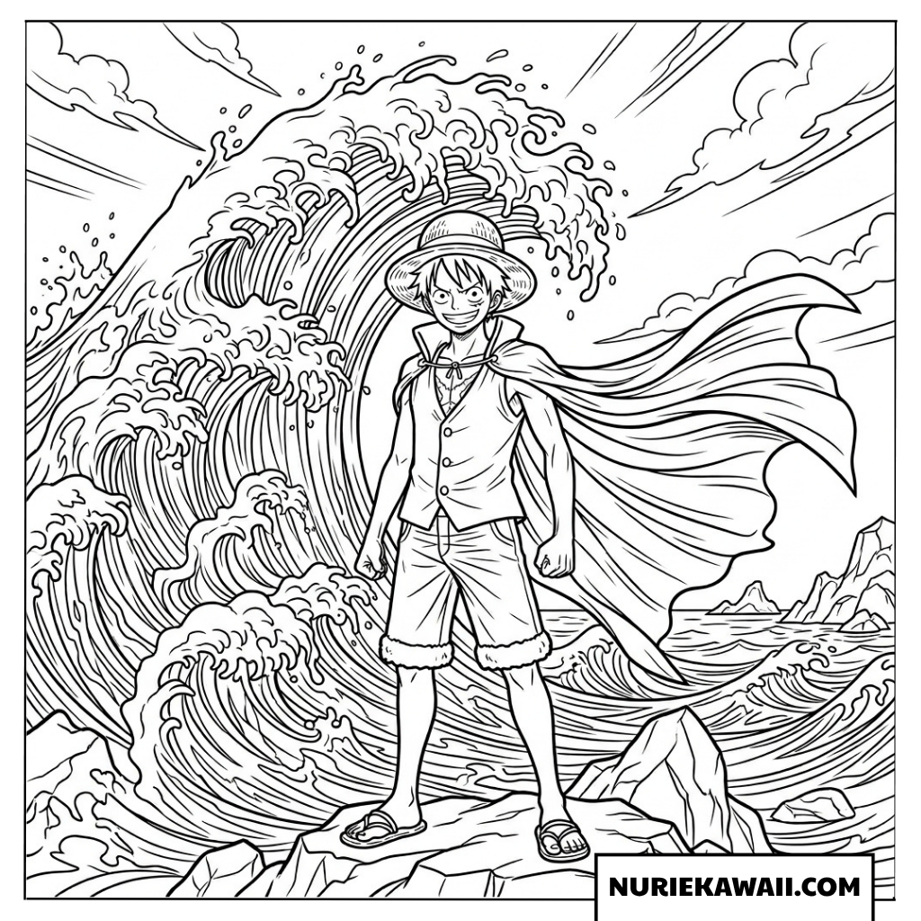 巨大な白波が荒れ狂う海辺の岩場にマントを翻して堂々と立つルフィの塗り絵