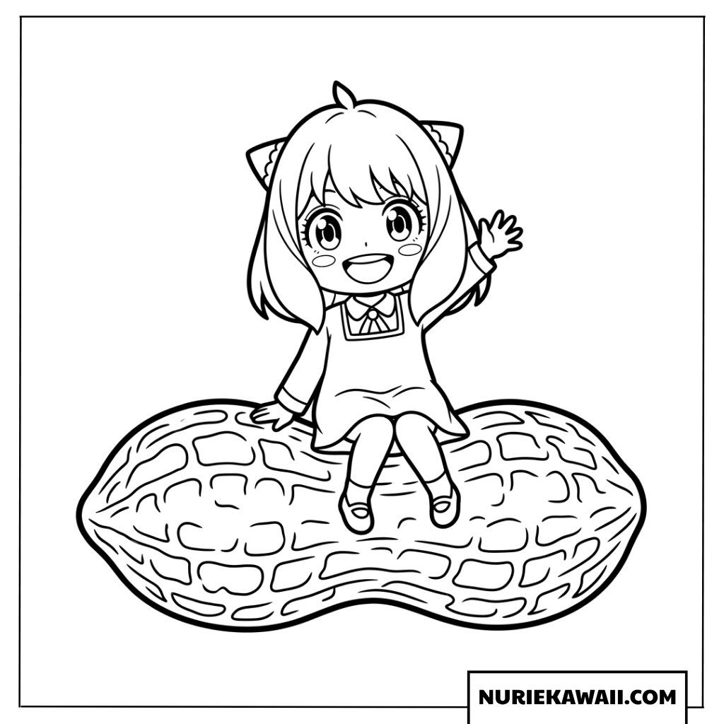 巨大な落花生に座る元気で可愛いちびキャラアーニャの塗り絵