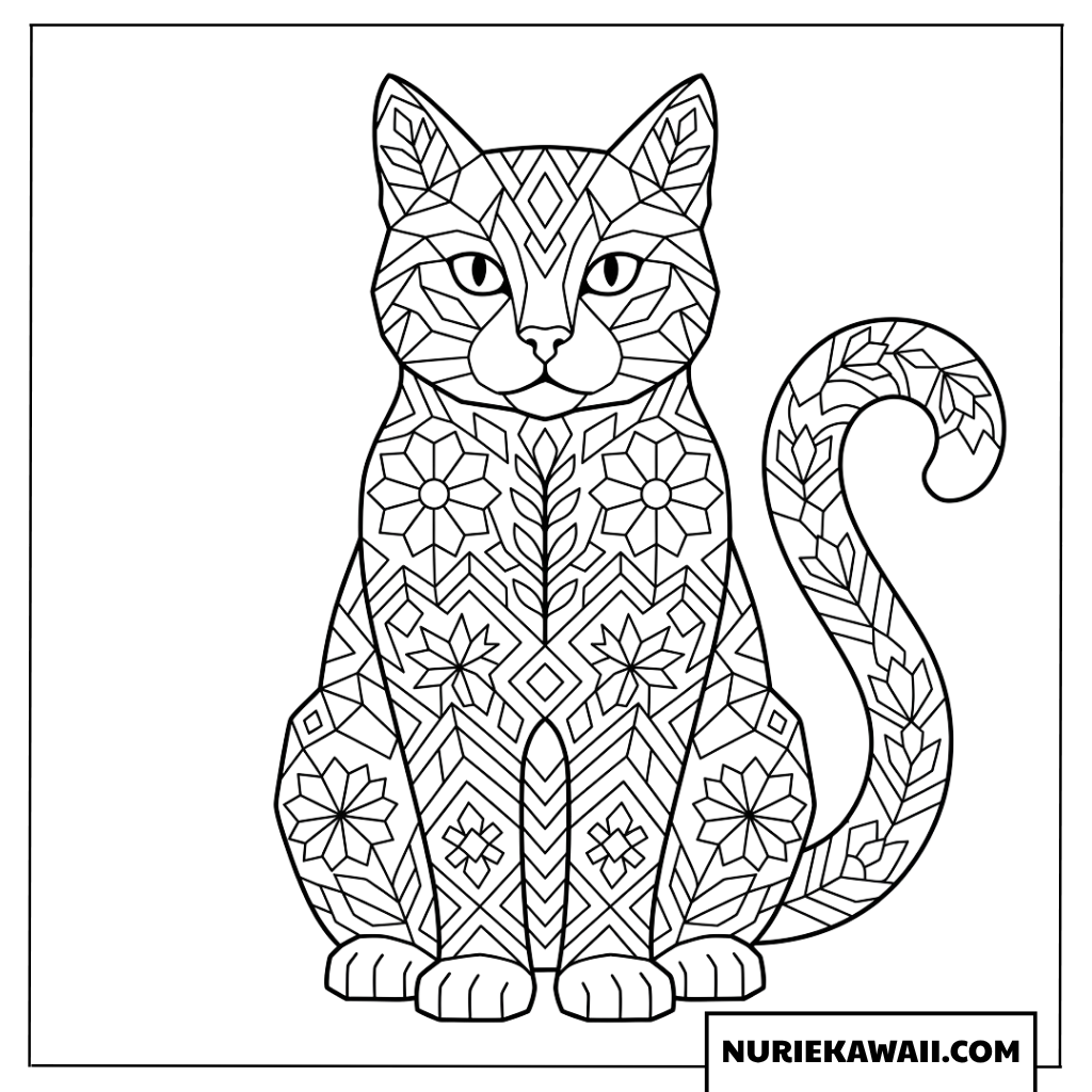 幾何学模様と花柄で描かれたお座り猫の塗り絵