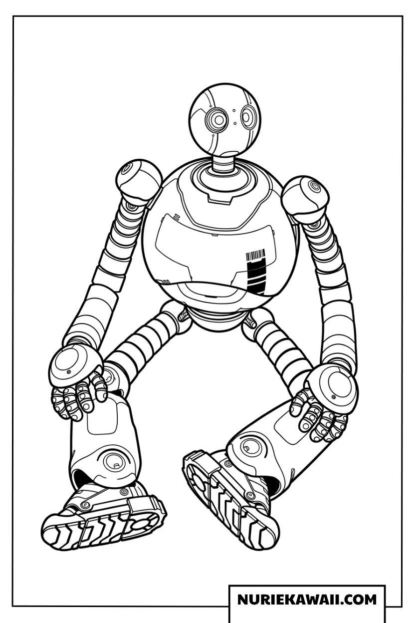 床に座って足を伸ばしたお茶目で可愛いロボットのロズの塗り絵