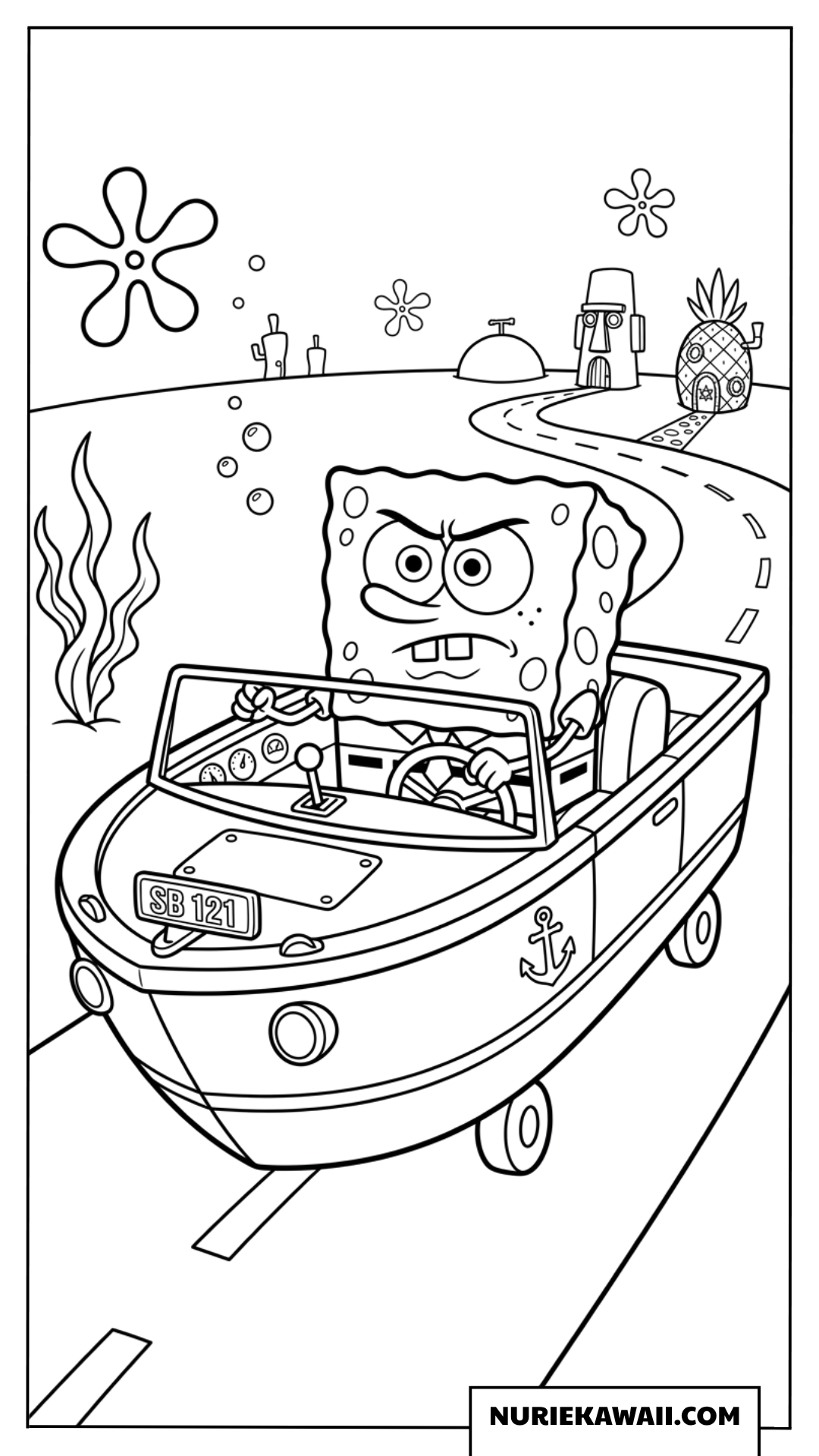 怒った表情でボートカーを運転するスポンジボブの塗り絵