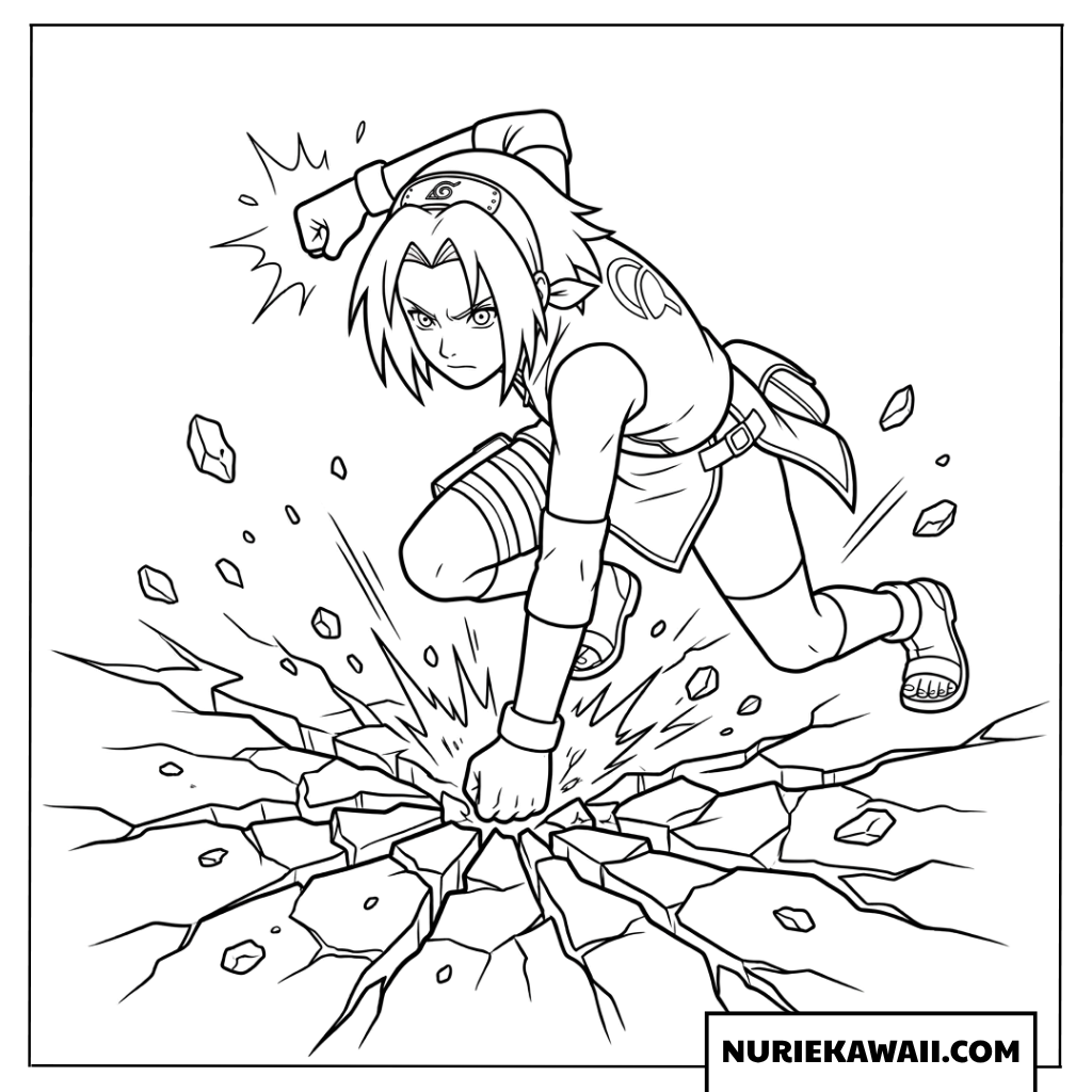 怪力の一撃で地面を粉砕する春野サクラの迫力ある戦闘塗り絵