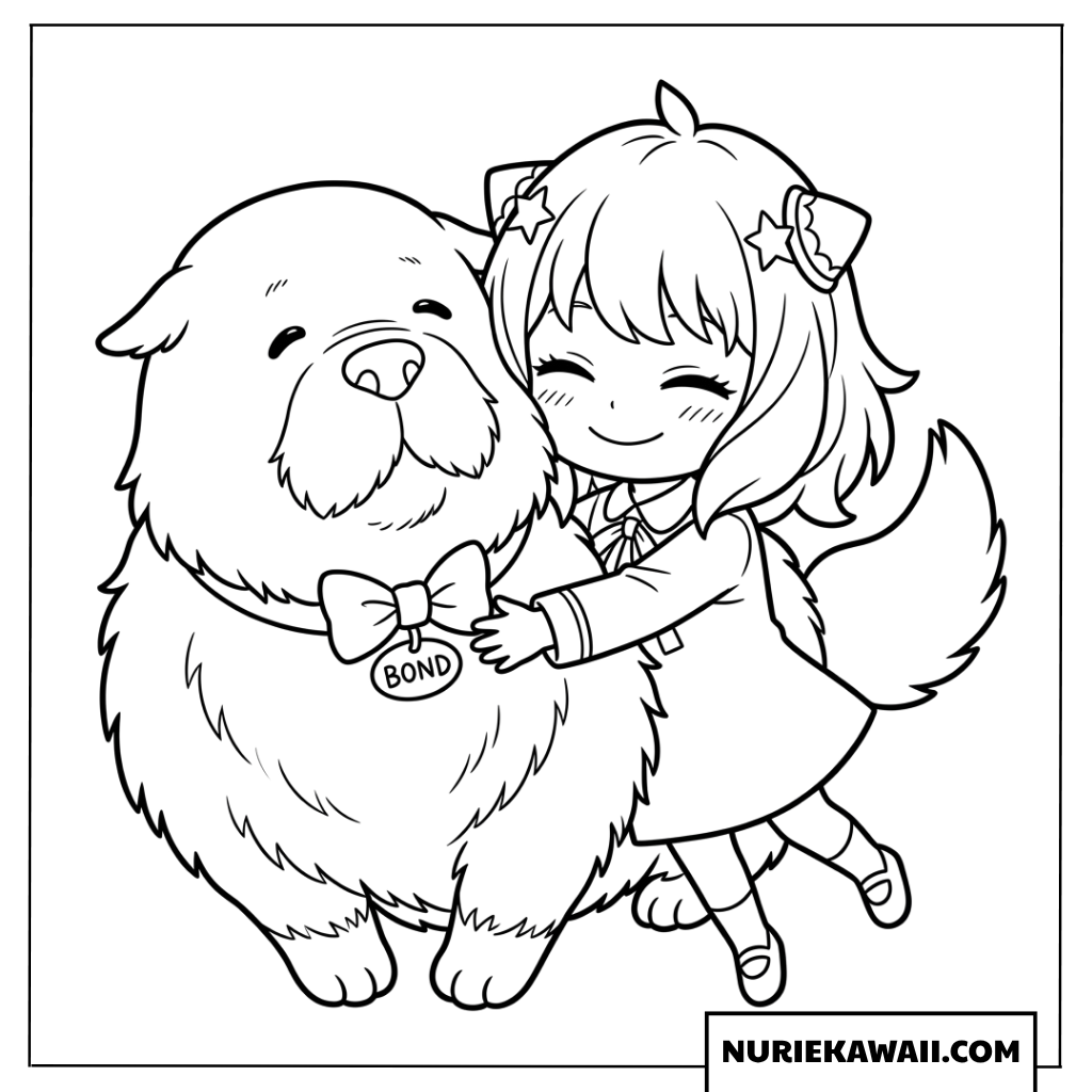 愛犬ボンドをぎゅっと抱きしめるかわいいアーニャの塗り絵