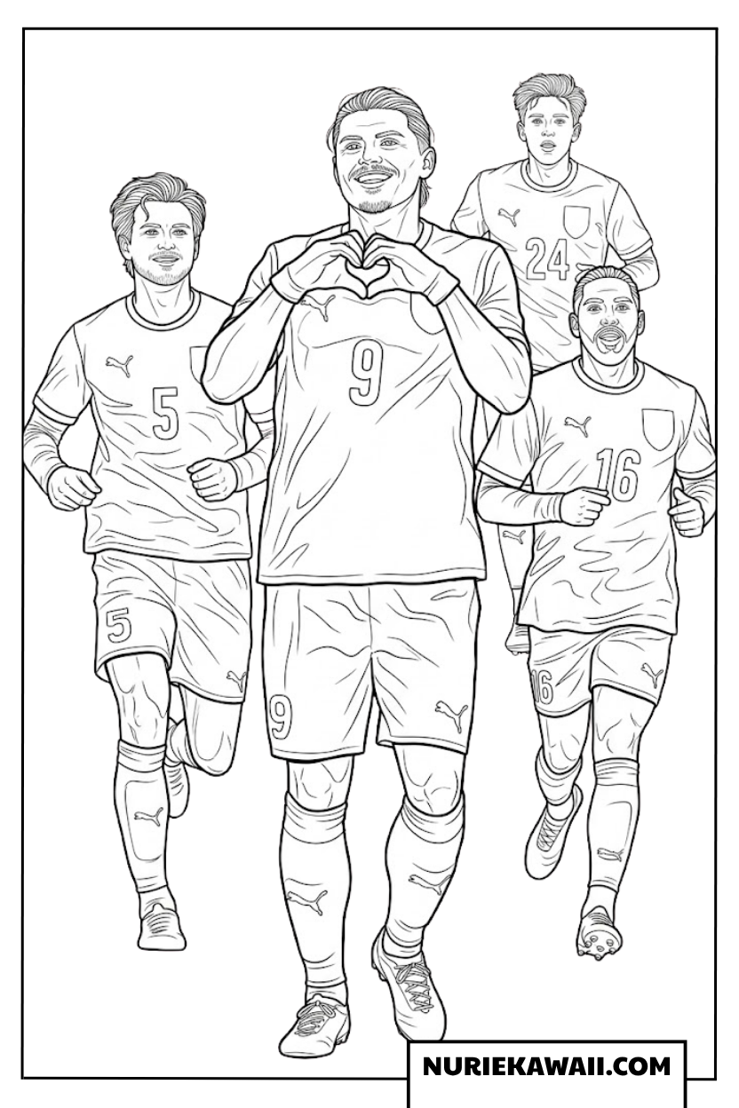 手でハートマークを作り歓喜するオーストリア代表選手たちの塗り絵