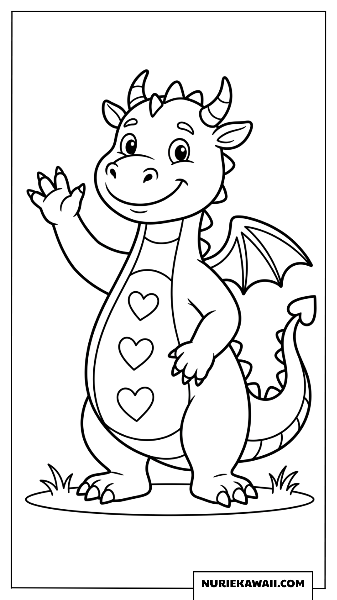 手を振るハート模様の可愛いドラゴン塗り絵