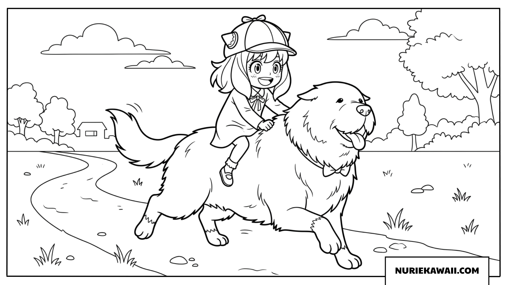 探偵帽子を被ってボンドの背中に乗りお散歩するアーニャの塗り絵
