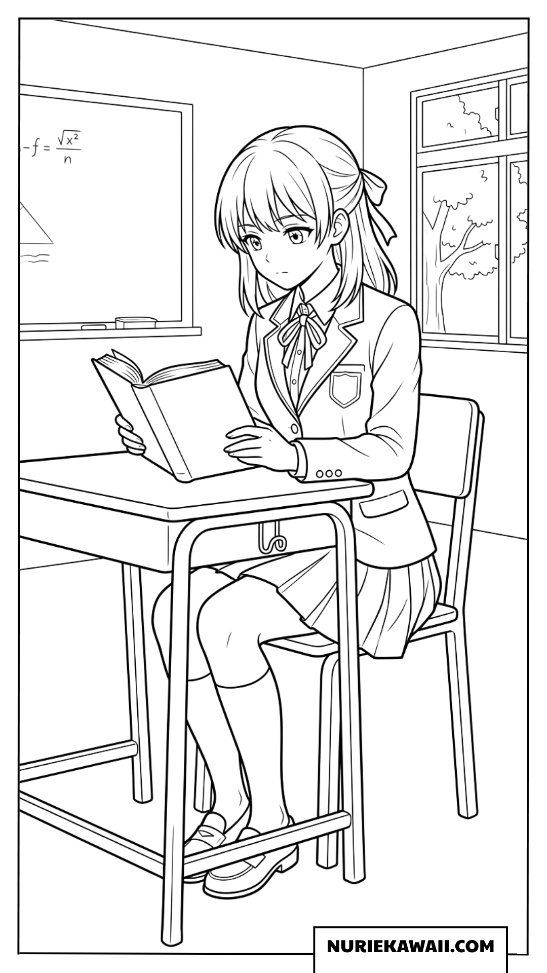 教室の机で熱心に図書室の本を読む制服姿のアニメ女子生徒の塗り絵