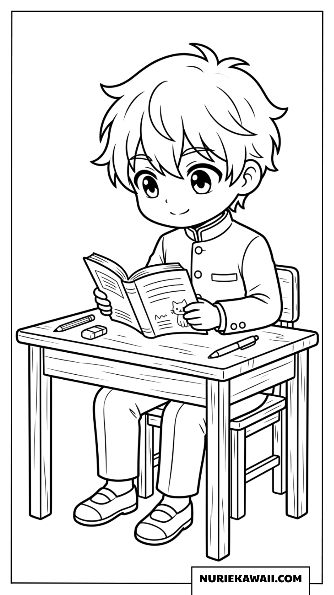 教室の机で熱心に本を読むちびキャラ男子生徒の塗り絵