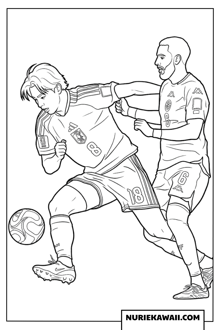 日本代表とチュニジア代表の選手が激しくボールを競り合う塗り絵
