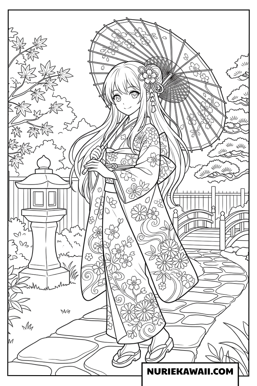 日本庭園で和傘をさして歩く着物姿の美しいアニメの女の子の塗り絵