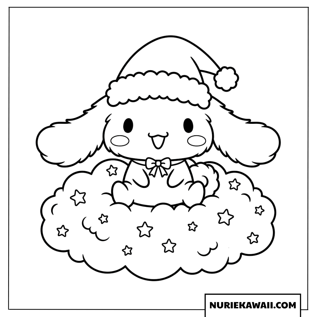 星の雲の上に座るクリスマス気分のシナモロールの塗り絵