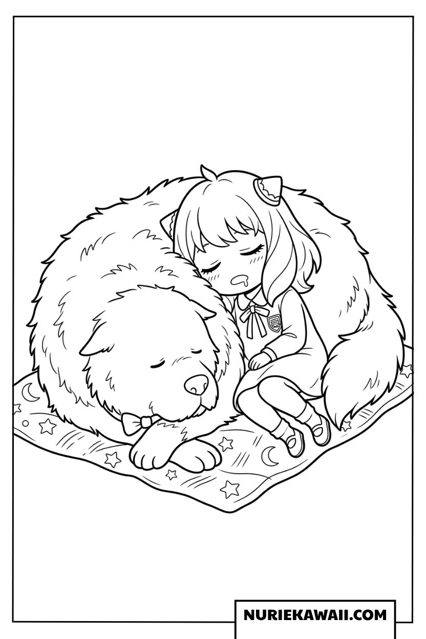 星柄のマットの上でボンドと一緒にすやすや眠るちびキャラアーニャの塗り絵