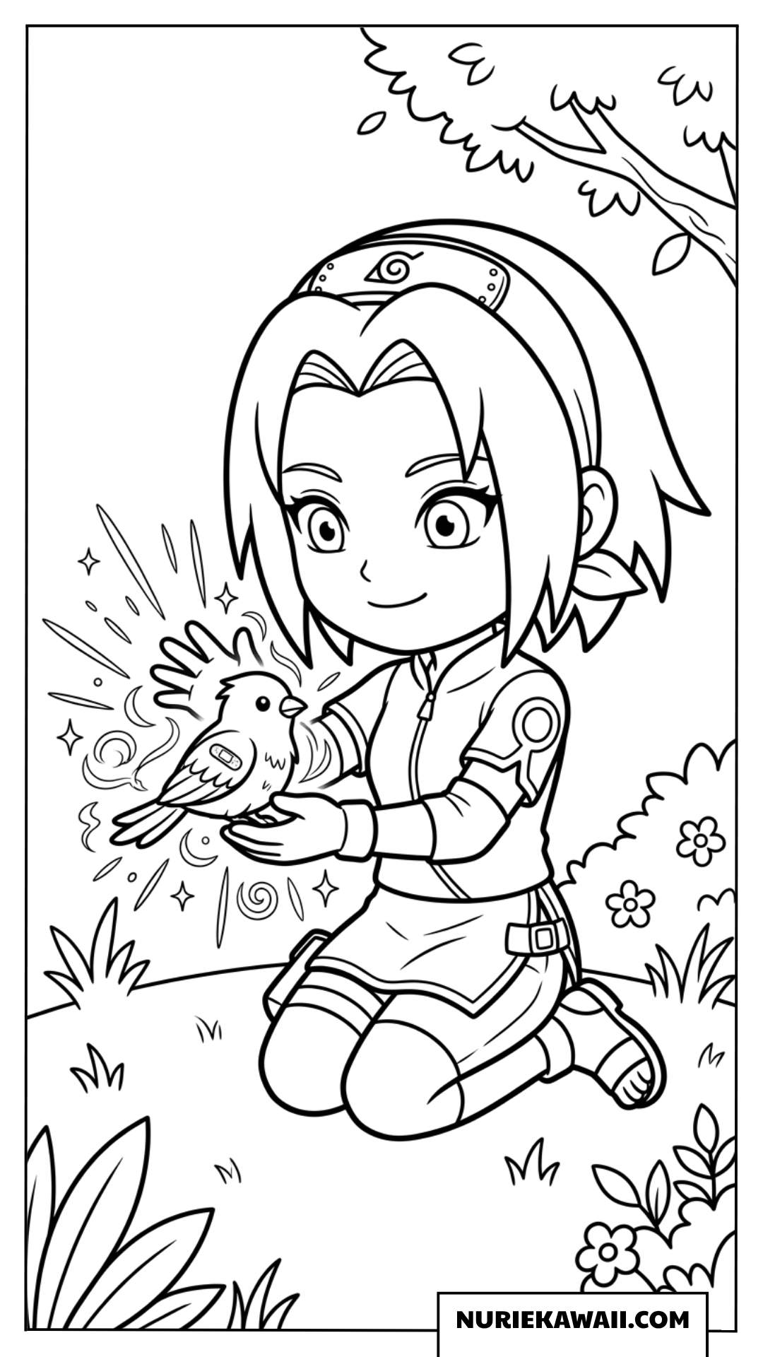 春野サクラちびキャラが医療忍術で小さな鳥を優しく手当てする可愛い塗り絵