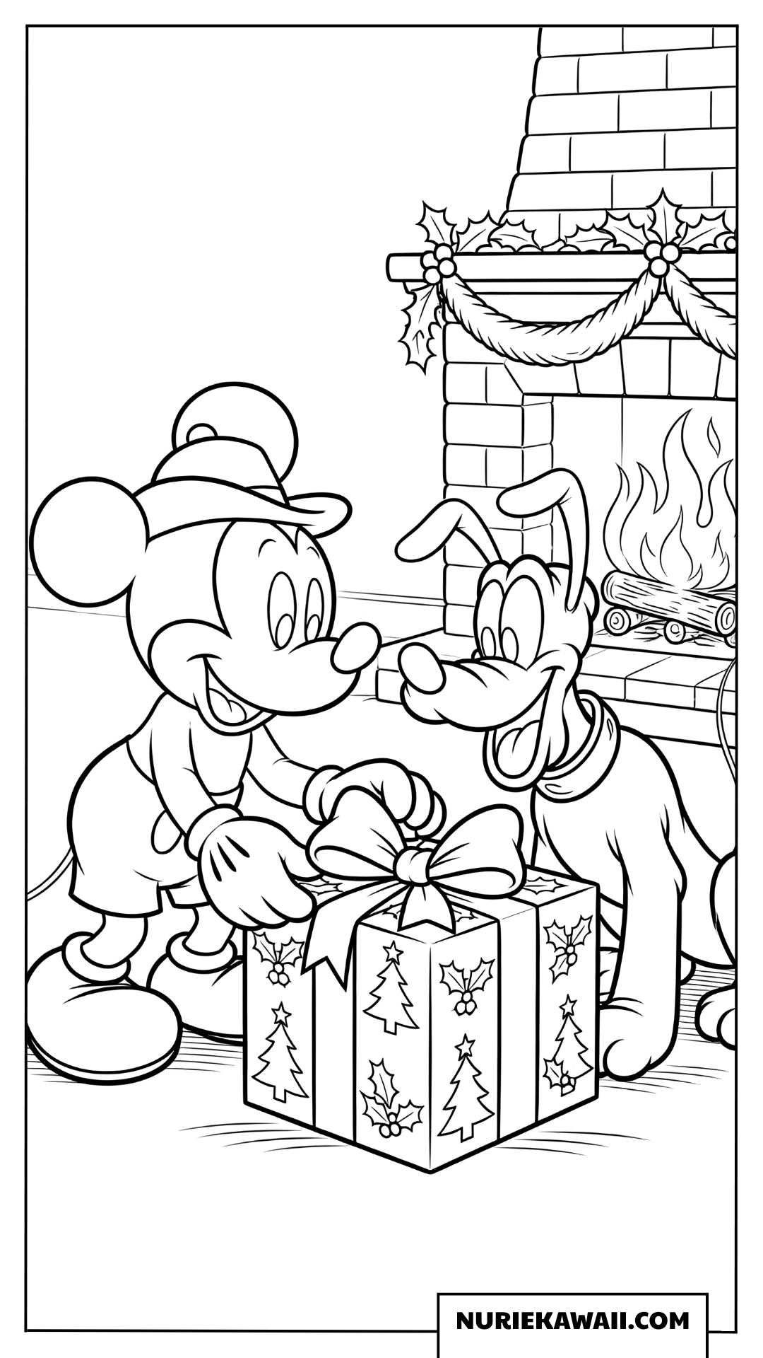 暖炉のそばでクリスマスプレゼントを開けるミッキーとプルートの楽しい塗り絵