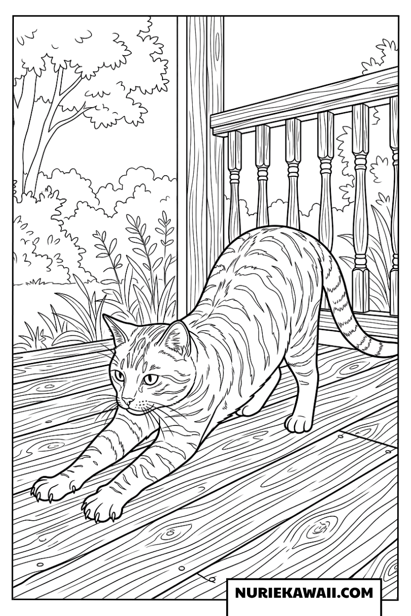 木のベランダで気持ちよく伸びをするキジトラ猫の塗り絵