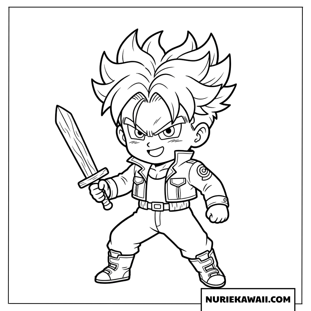 木刀を手にカッコよくポーズを決めるちびトランクスの塗り絵