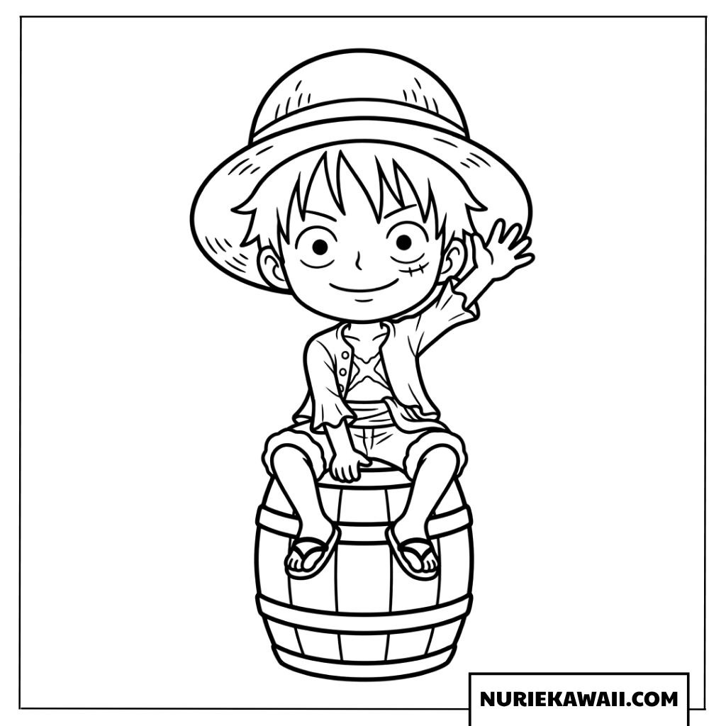 木樽の上に座って元気に手を振るかわいいちびルフィの塗り絵