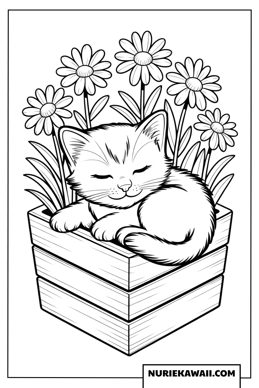 木箱のお花畑で眠る子猫の塗り絵