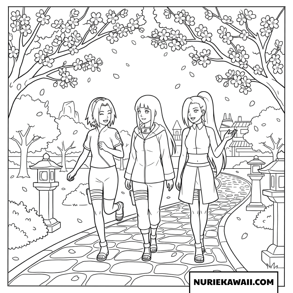桜が満開の和風庭園を仲良く歩くサクラとヒナタといのの塗り絵