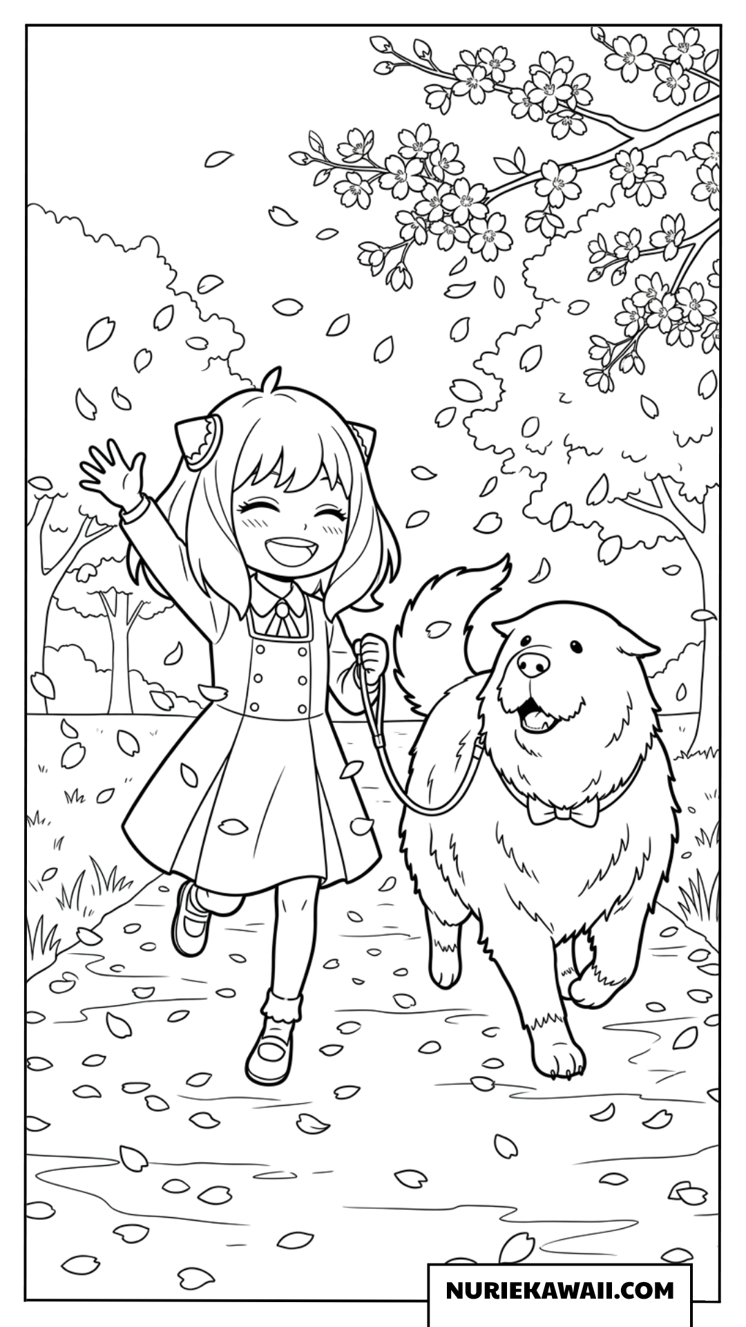 桜が舞い散る春の道を元気に走るアーニャとボンドの塗り絵