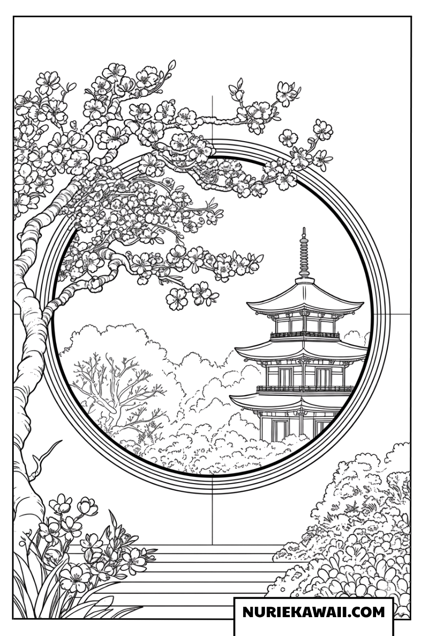 桜と五重塔の風景塗り絵