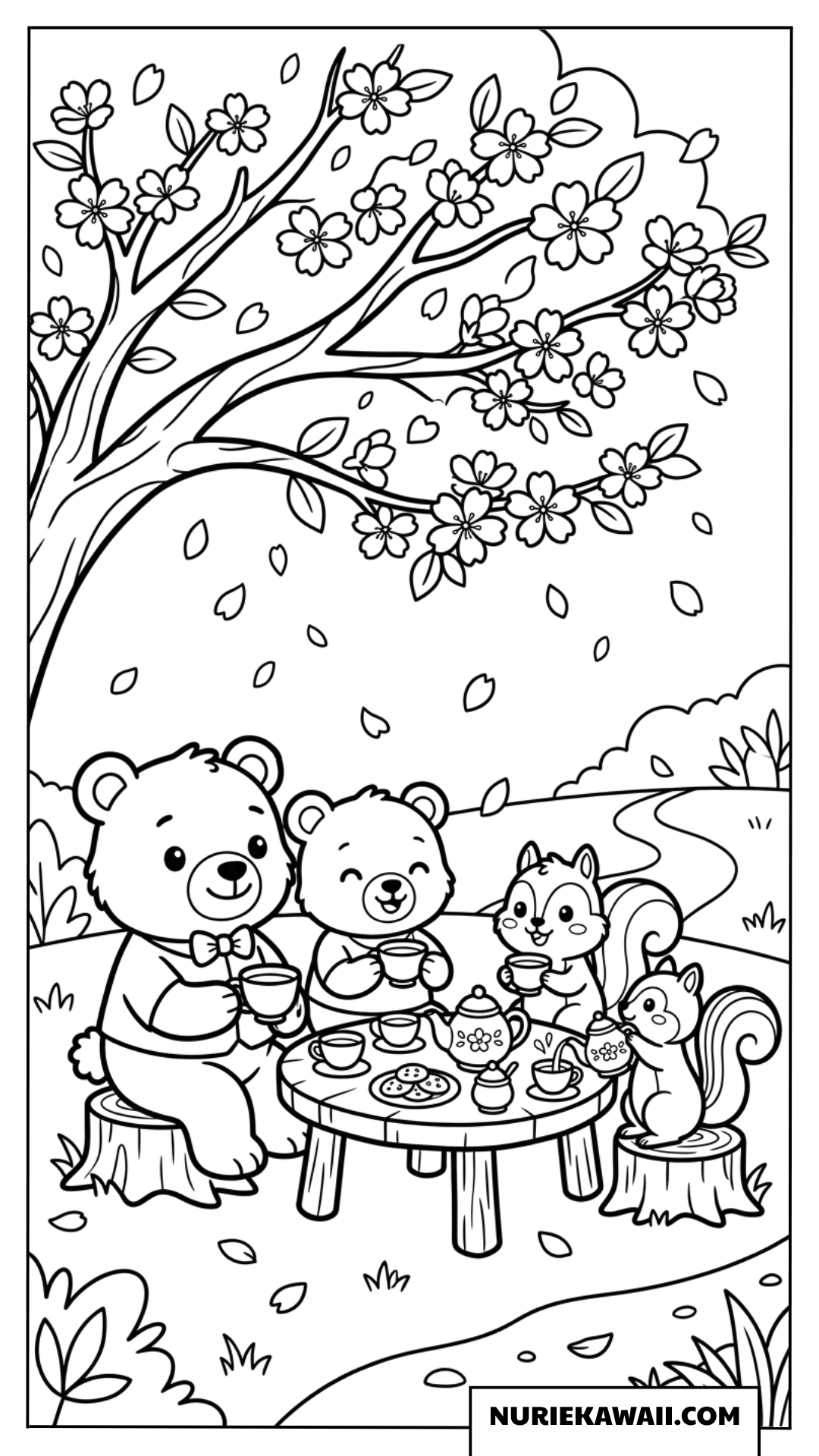 桜の下でティーパーティーを楽しむ動物たちの塗り絵