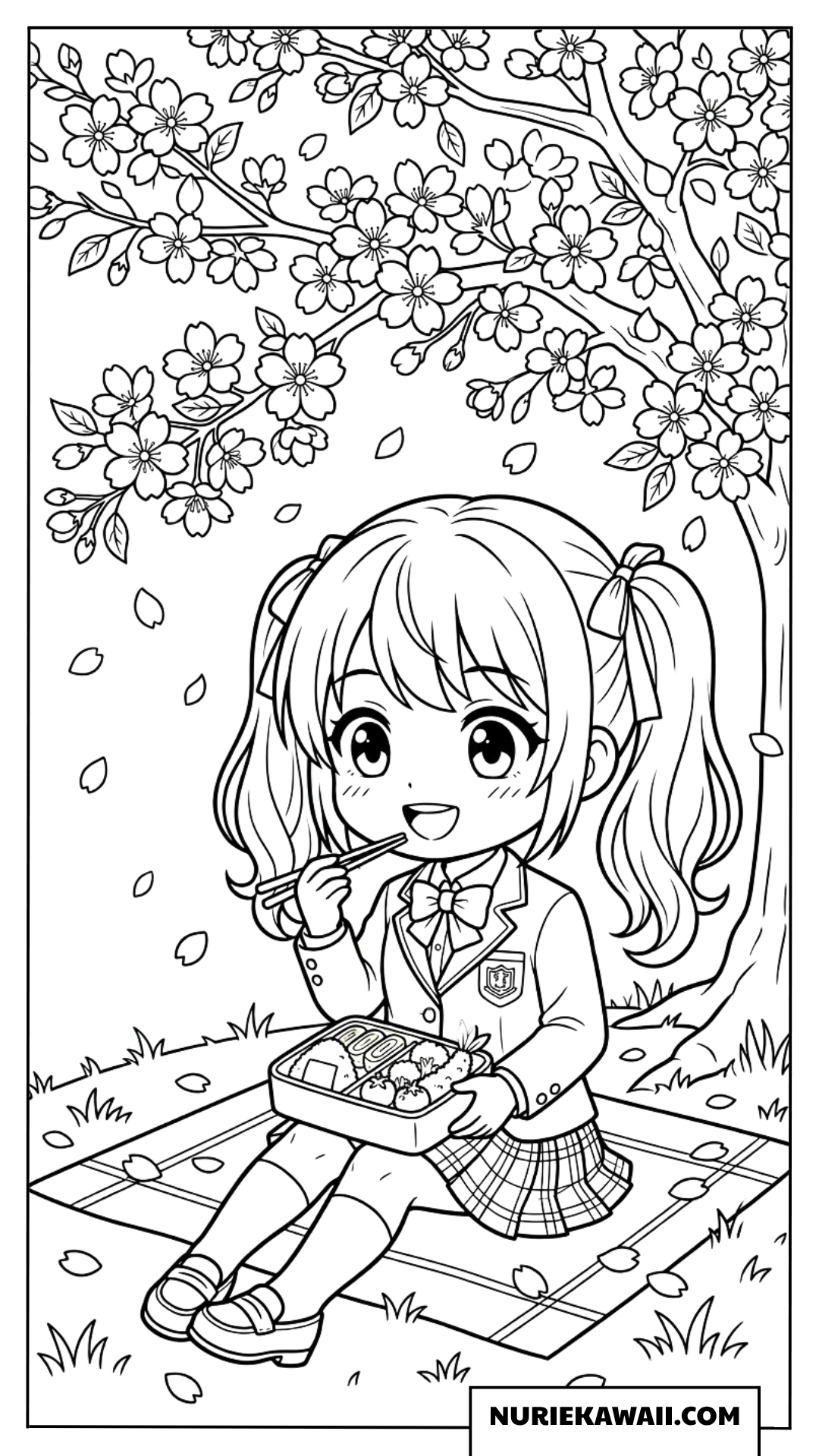 桜の木の下でお弁当を食べるちびキャラ女子生徒の塗り絵