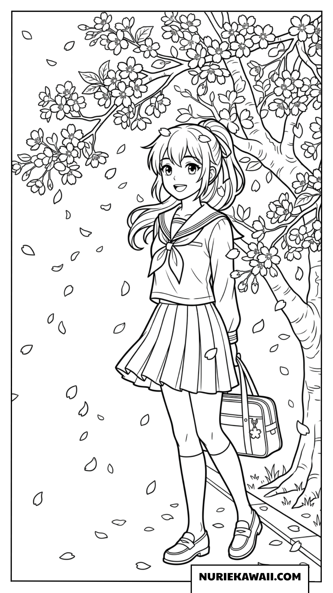 桜の木の下で微笑むセーラー服姿のアニメ女子高生の塗り絵