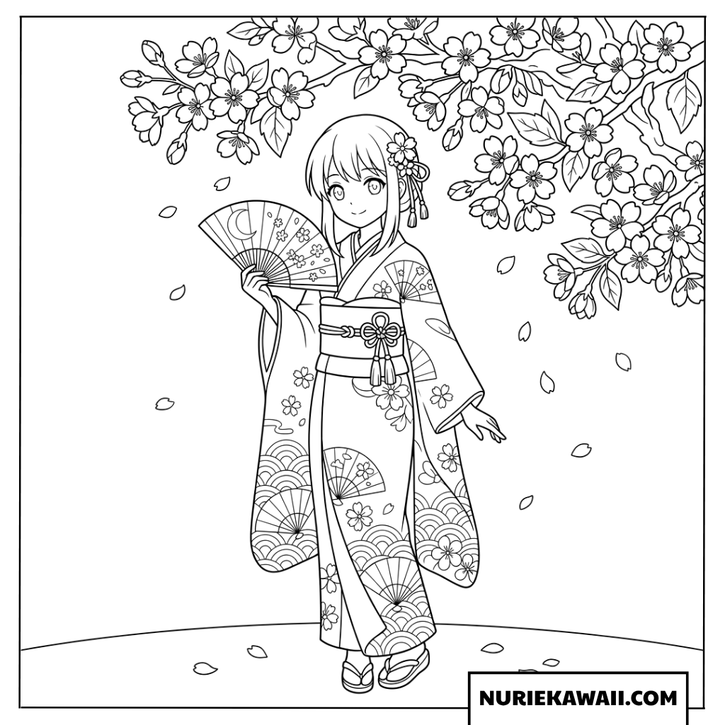 桜の木の下で着物を着た風情あるアニメの女の子塗り絵