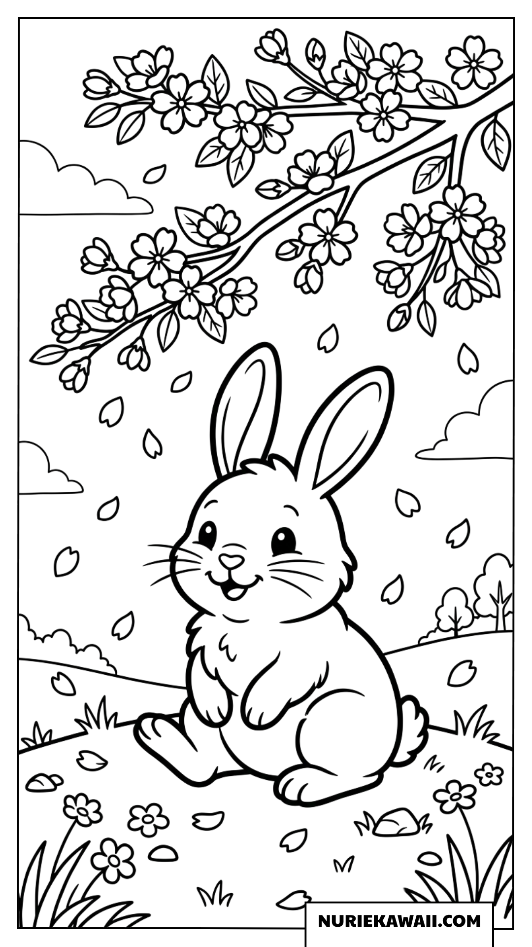 桜の木の下のうさぎの塗り絵