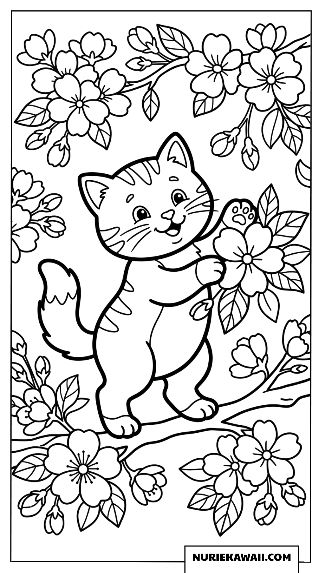 桜の花と遊ぶ子猫の塗り絵
