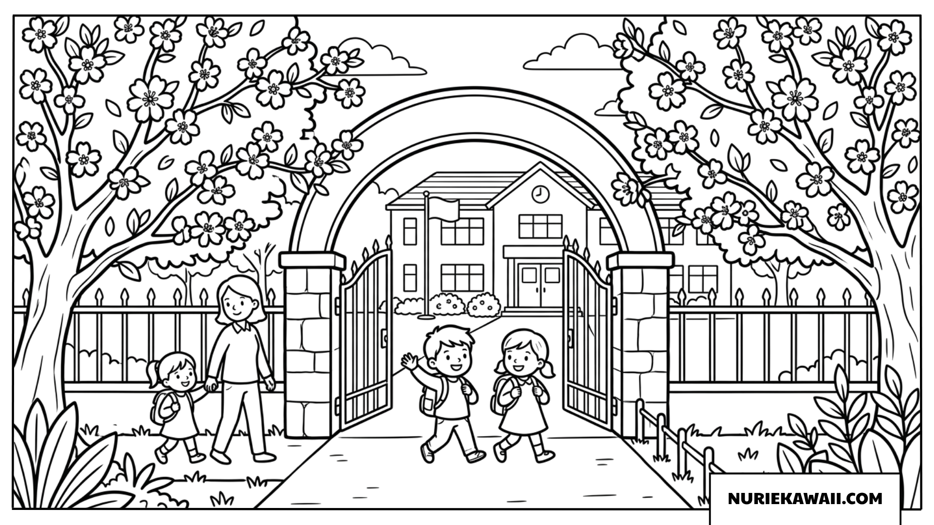桜並木の入学式に行く子供たちの塗り絵