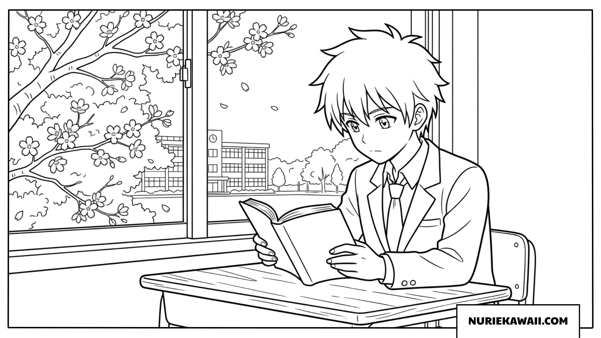 桜舞い散る窓辺の席で静かに本を読んでいるアニメの男の子塗り絵