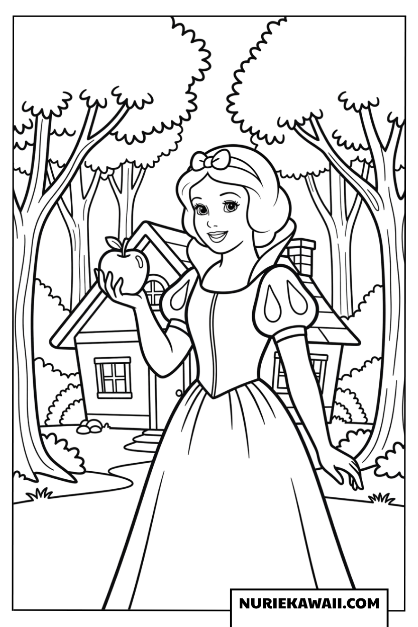 森の家の中でリンゴを持って微笑む白雪姫の塗り絵
