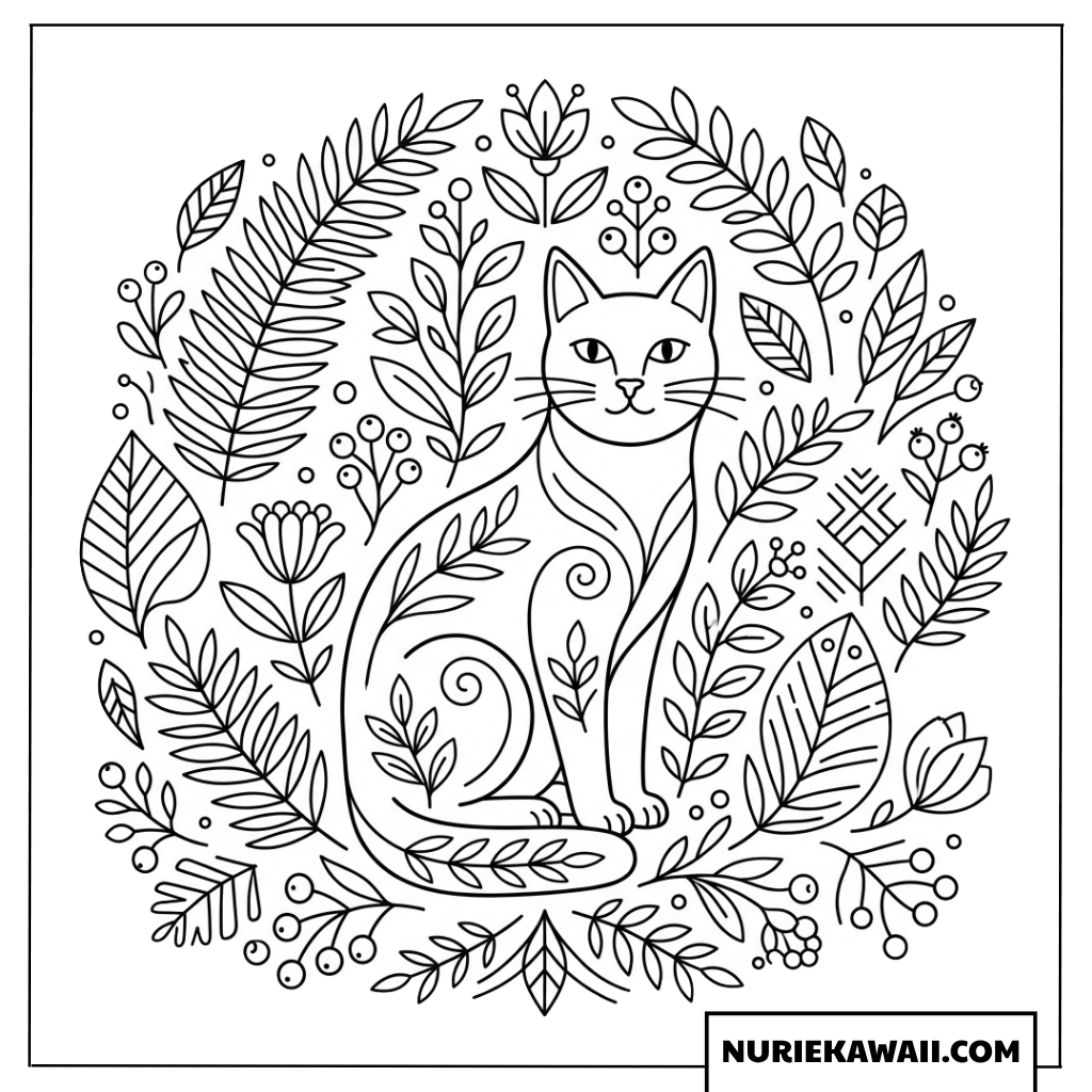 植物の文様とフォークアート風の猫の塗り絵