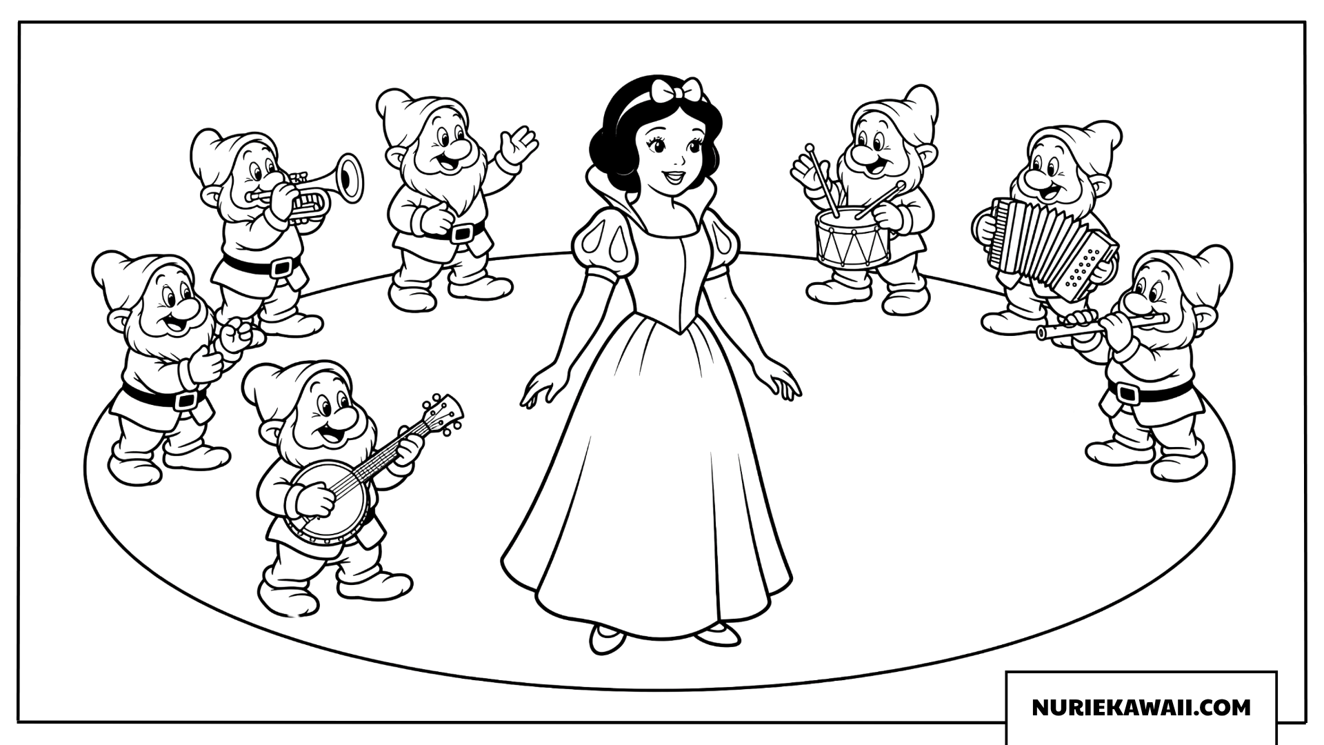 楽器を演奏する小人たちと踊る白雪姫の塗り絵