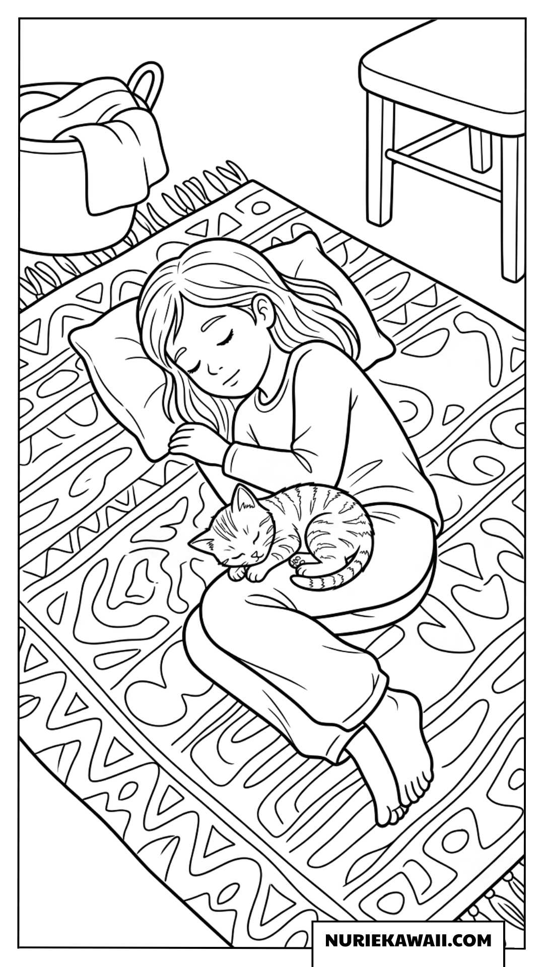 模様替えの絨毯の上で子猫と一緒にお昼寝する女の子の塗り絵