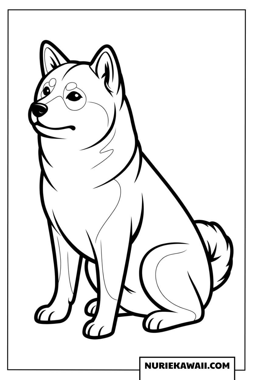 横を向いてお行儀よく静かに座っている柴犬のシンプルなイラストの塗り絵