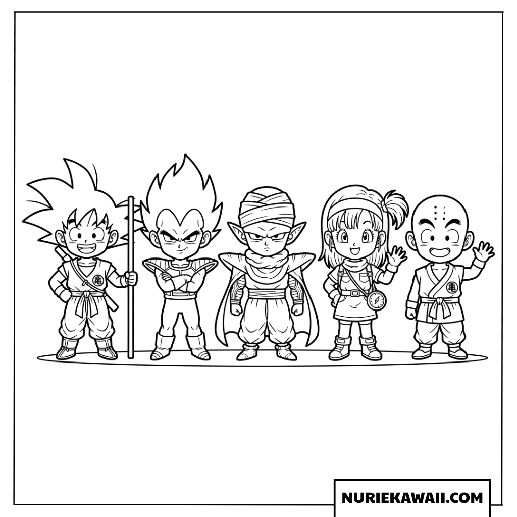 横一列に並ぶドラゴンボールのちびキャラたちの塗り絵