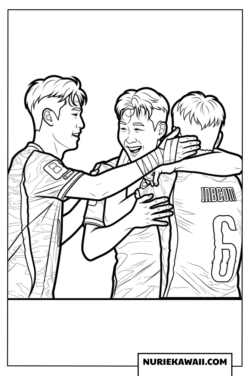 歓喜のゴールに抱き合って喜ぶサッカー韓国代表選手たちのぬりえ