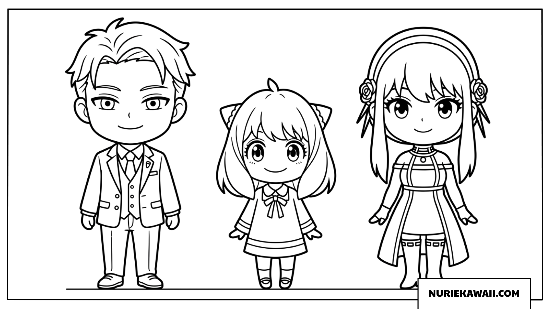 正装して並ぶロイドとアーニャとヨルの可愛いフォージャー家ちびキャラ塗り絵