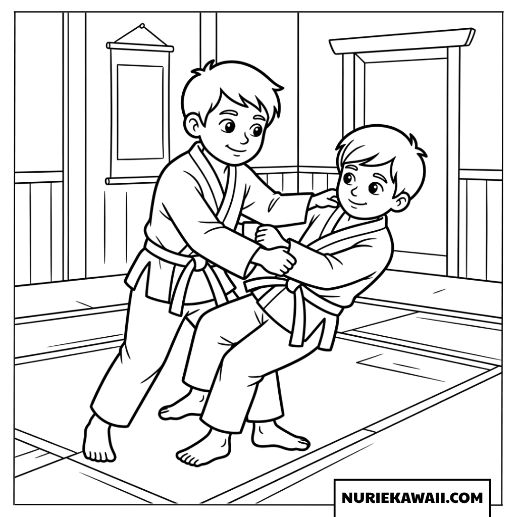 武道を練習する二人の少年の塗り絵